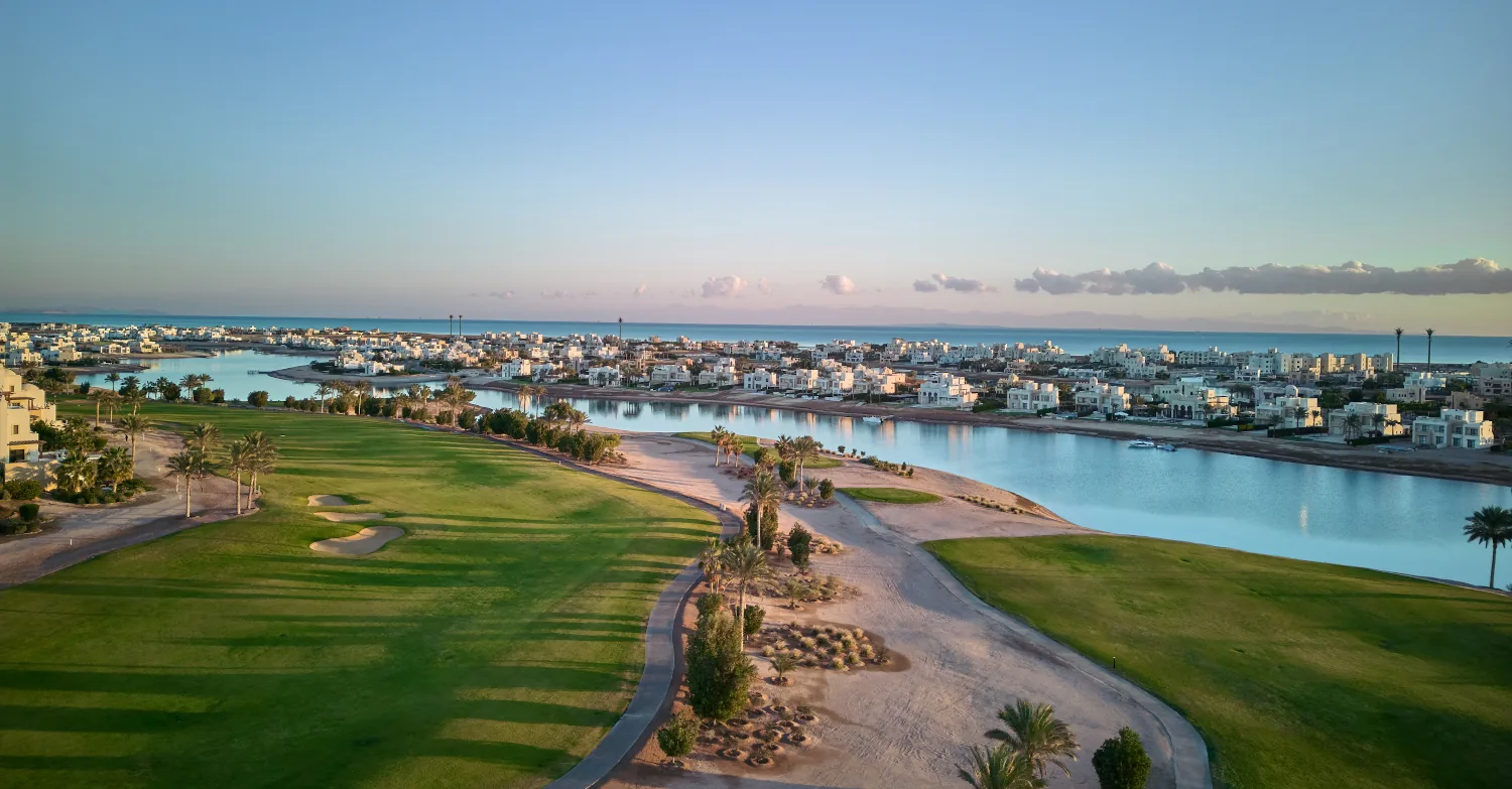 Aerial drone view of El Gouna: turquoise lagoons, islands and the Red Sea