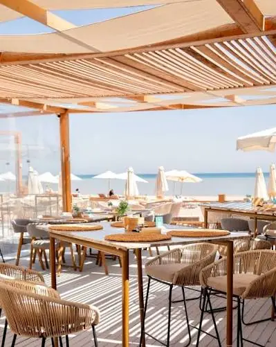 Beachfront dining area with woven chairs and wooden tables